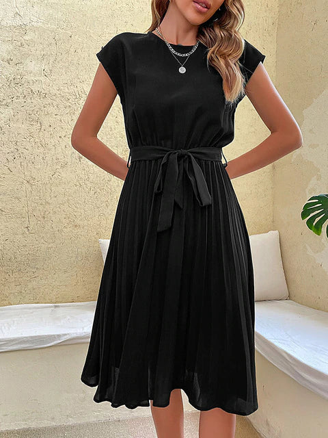 Damen Sommerkleid Kurzarm Knielang mit Taillengürtel