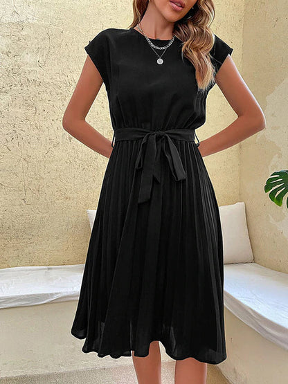 Damen Sommerkleid Kurzarm Knielang mit Taillengürtel