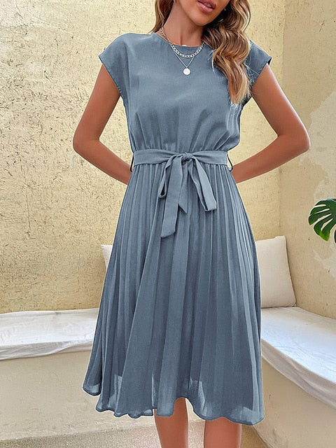 Damen Sommerkleid Kurzarm Knielang mit Taillengürtel