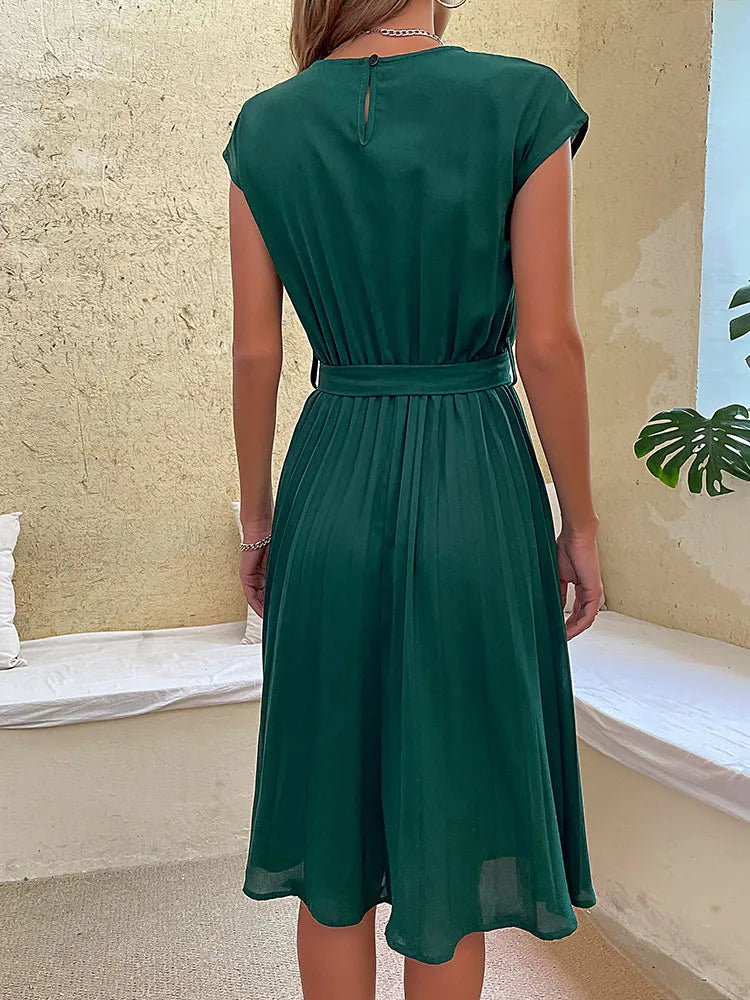 Damen Sommerkleid Kurzarm Knielang mit Taillengürtel