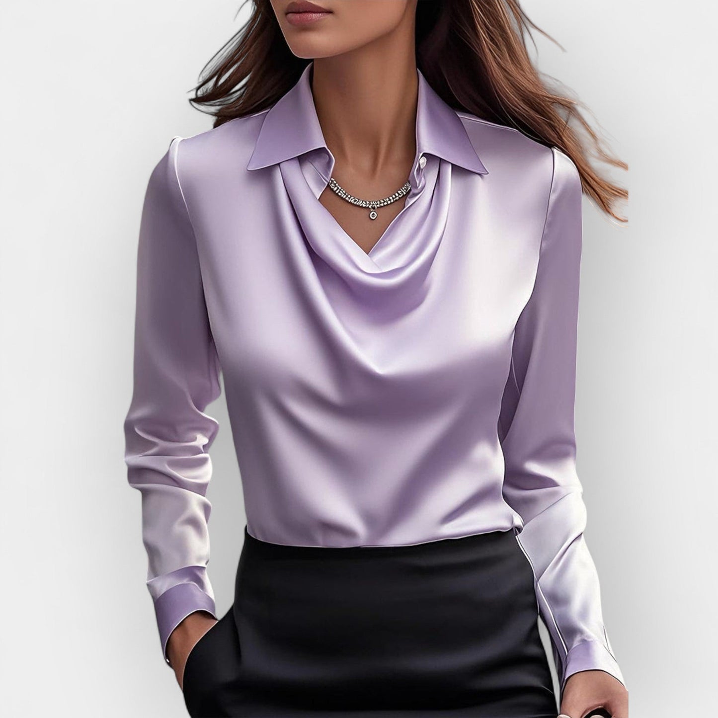 Damen Satinbluse Langarm Wasserfallkragen Eleganz