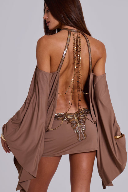 Damen Mini Kleid Offener Rücken Goldene Ketten Details - Norvielle