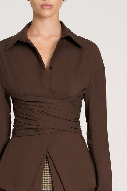 Damen Oversize Bluse mit Drapierung und Hemdkragen