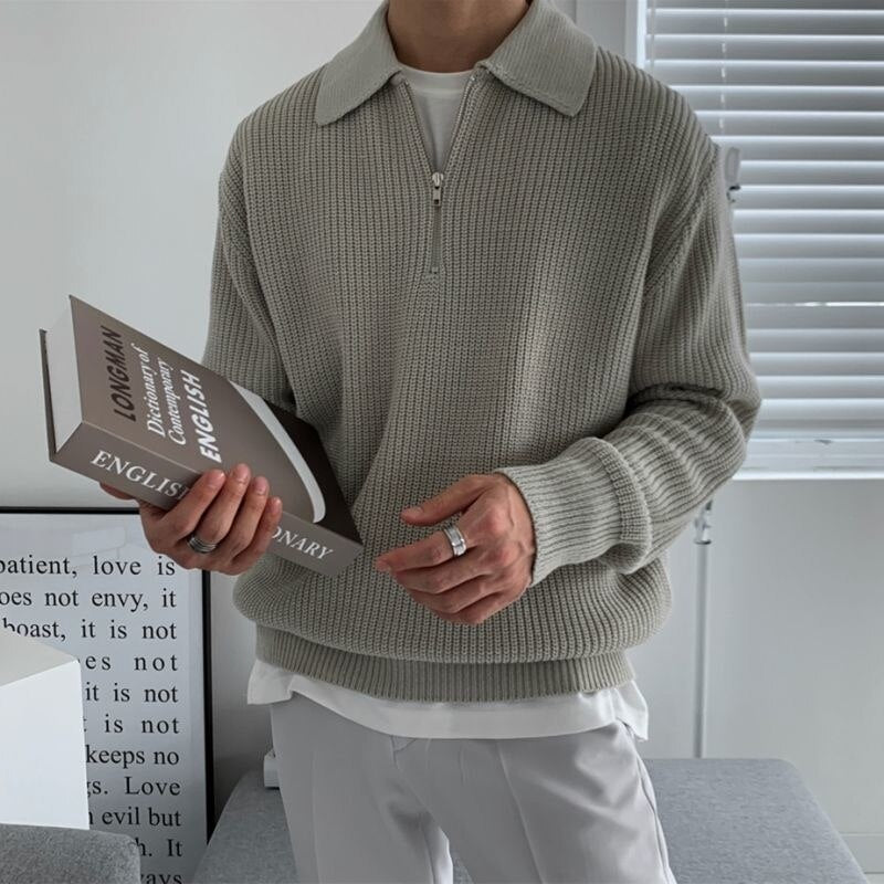 Herren Strickpullover Halbzipp mit Stehkragen Warm Beige