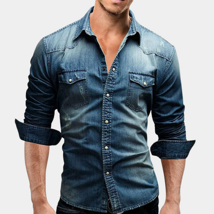Jeanshemd - Slim Fit - Long Sleeve - Buttoned Up Shirt - Men's Shirts-Blau-M-Chaps Herrenmode