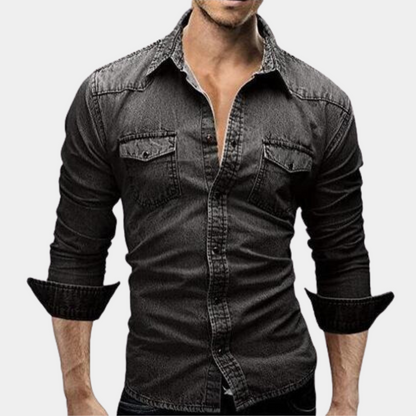 Herren Jeanshemd Slim Fit Langarm Knopfleiste Dunkelblau - Norvielle