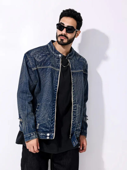 Männer Jeansjacke Dunkelblau Reißverschluss - Norvielle