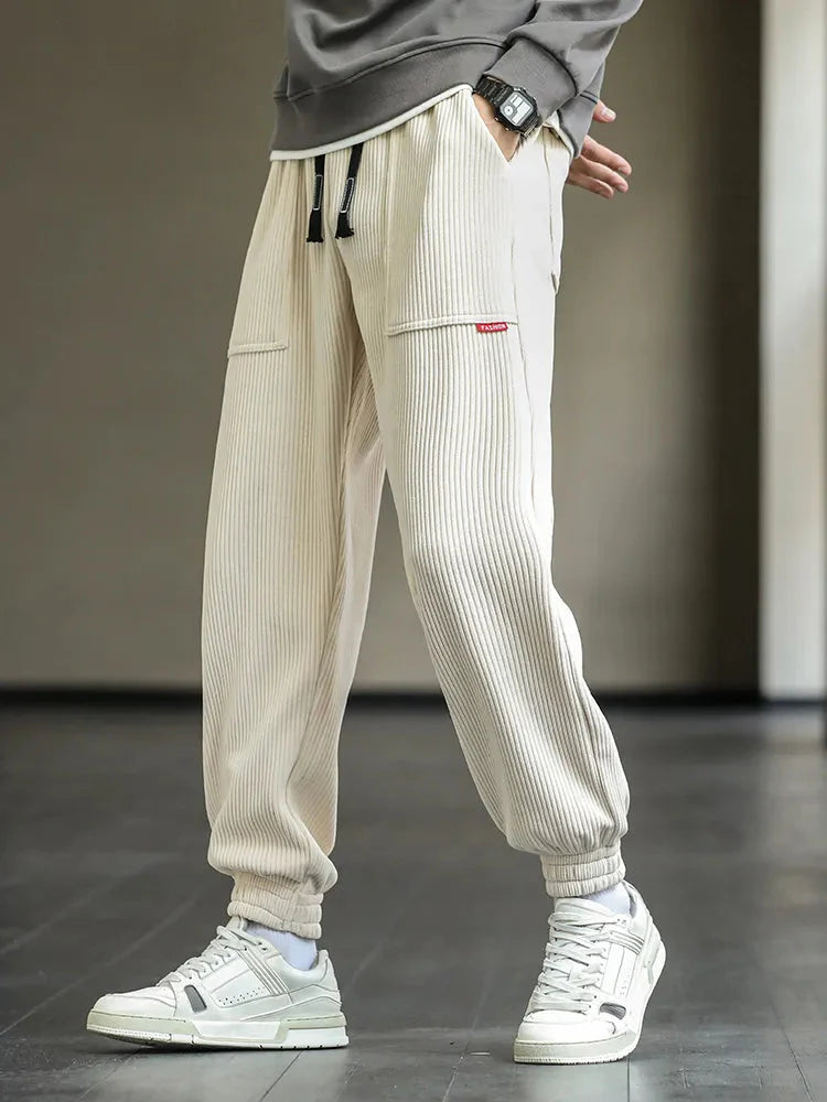 Jogger - Herren Kordhosen mit Kordelzug Lose Passform Baggy Corduroy Hosen-Beige-M-Chaps Herrenmode