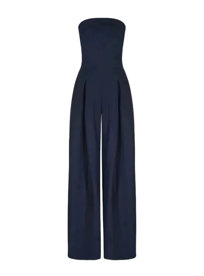 Damen Jumpsuit Schulterfrei Weit Navyblau