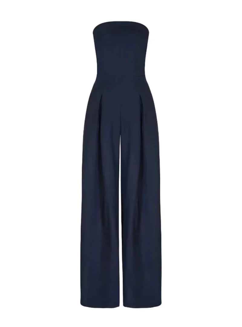Damen Jumpsuit Schulterfrei Weit Navyblau
