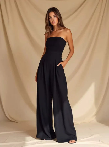Damen Jumpsuit Schulterfrei Weit Navyblau