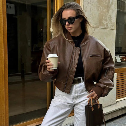 Damen Kurzjacke Lederoptik Braun Reißverschluss - Norvielle