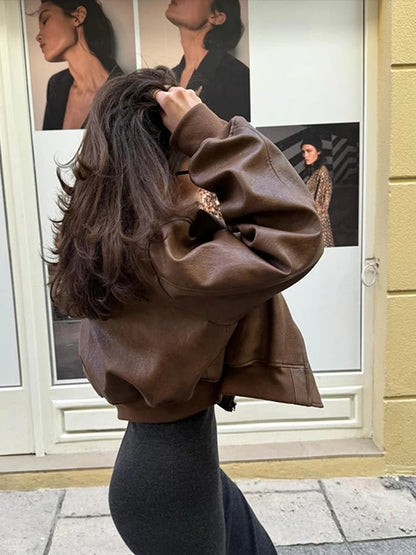 Damen Kurzjacke Lederoptik Reißverschluss