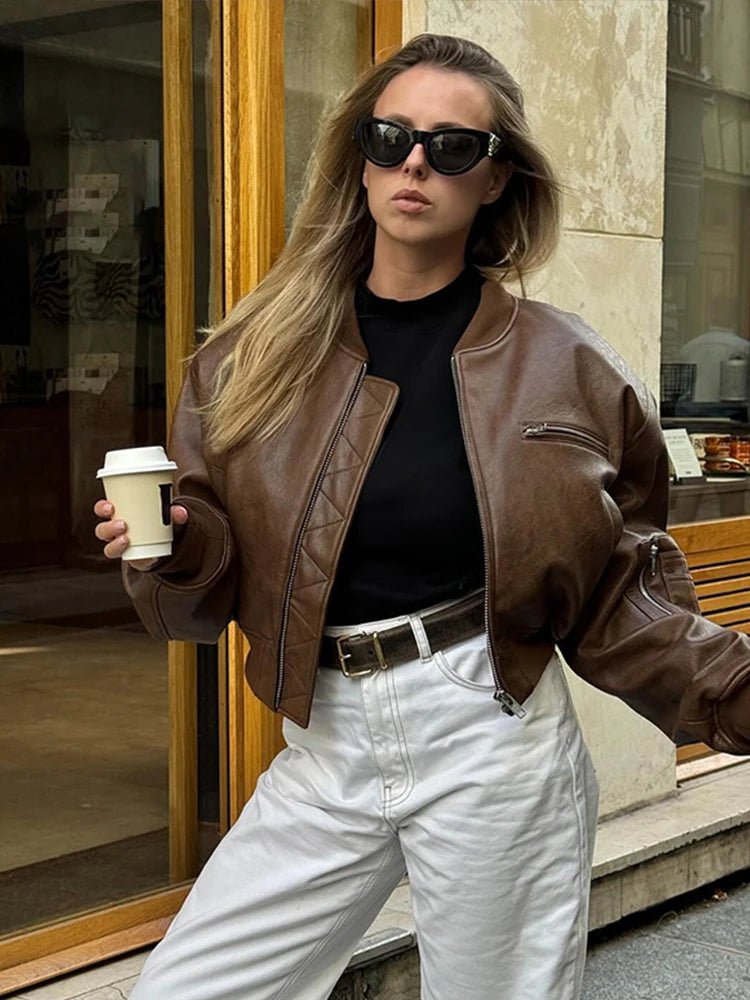 Damen Kurzjacke Lederoptik Reißverschluss