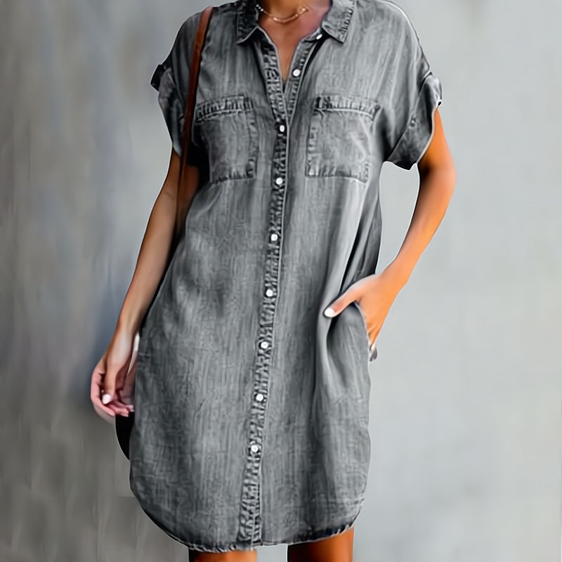 Damen Denim Kleid Kurzarm Knopfleiste