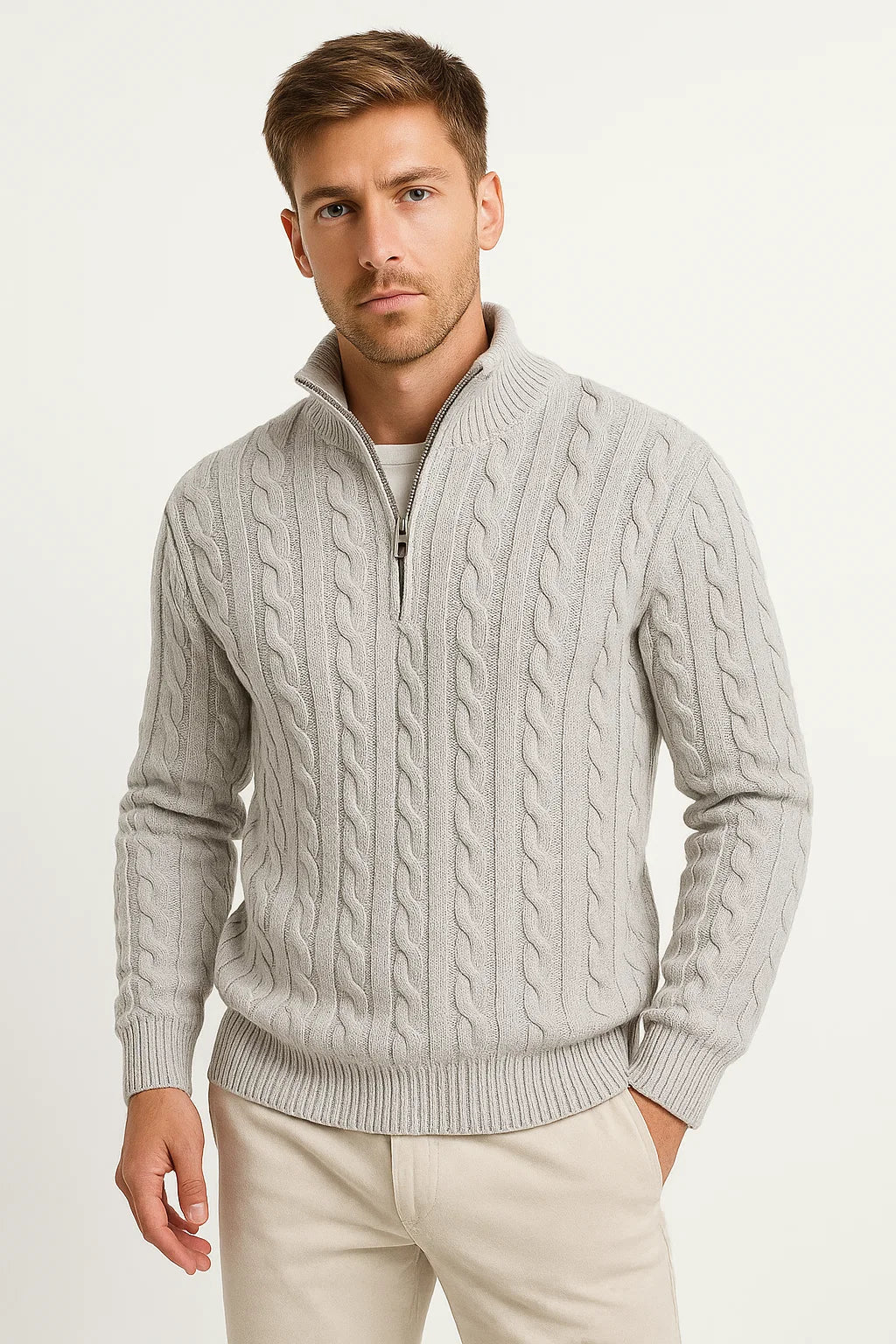 Herren Strickpullover Zopfmuster Reißverschluss
