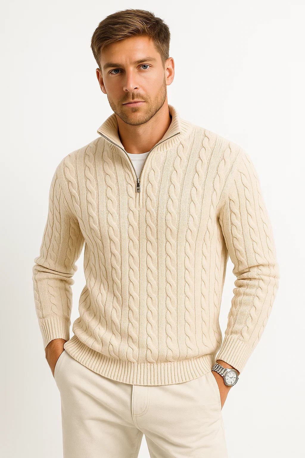 Herren Strickpullover Zopfmuster Reißverschluss