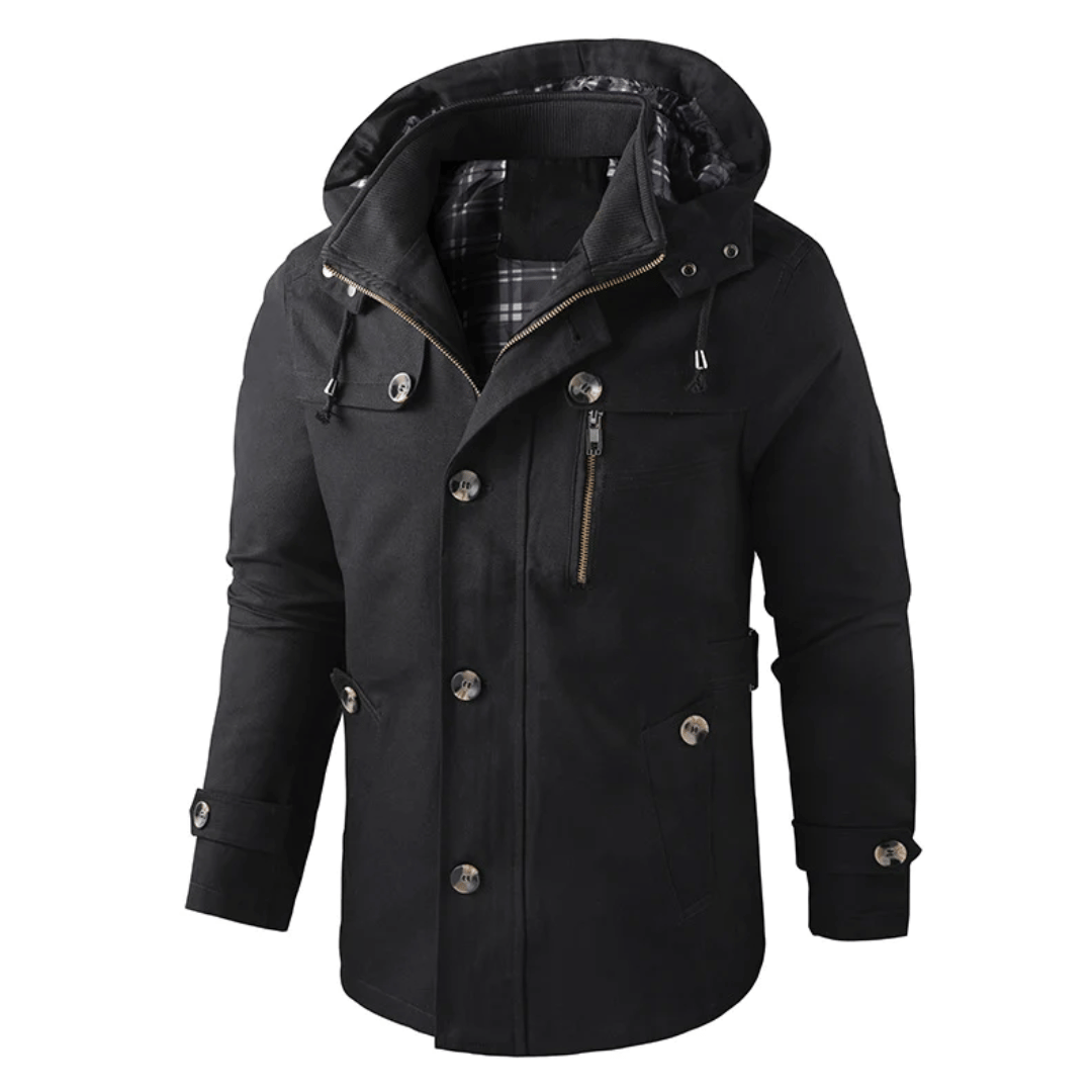Kapuzenjacke - Winddichte einreihige Jacke mit Reißverschluss für Männer-Schwarz-S-Chaps Herrenmode