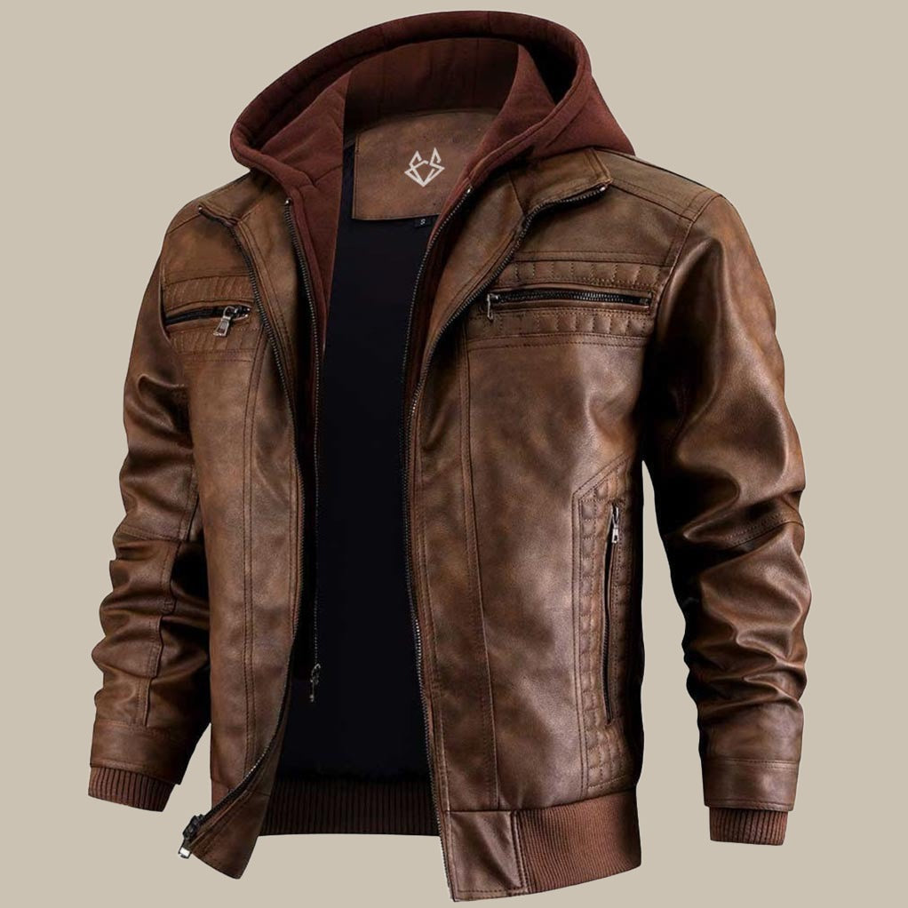 Kapuzenjacke aus Leder – Herrenjacke mit Kapuze und Reißverschluss aus Leder-Braun-S-Chaps Herrenmode