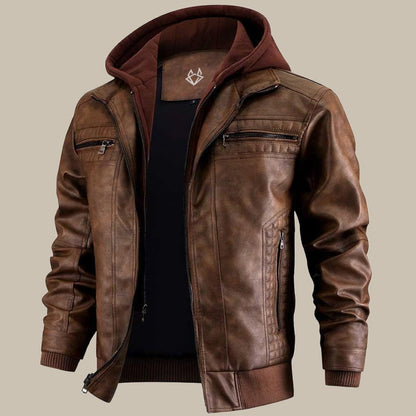 Kapuzenjacke aus Leder – Herrenjacke mit Kapuze und Reißverschluss aus Leder-Braun-S-Chaps Herrenmode