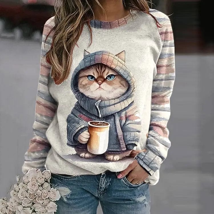 Norvielle Damen Pullover Baumwolle Katzenmotiv Streifen Ärmel - Norvielle