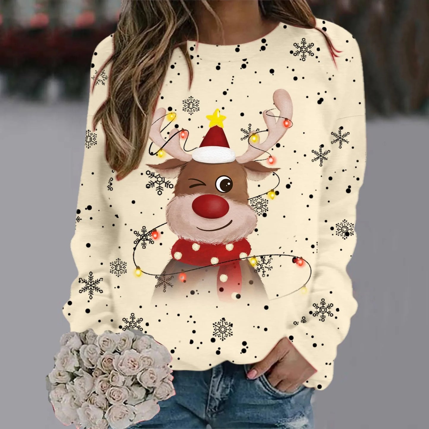 Damen Weihnachts-Pullover Weiches 3D-Rentier-Design Rot