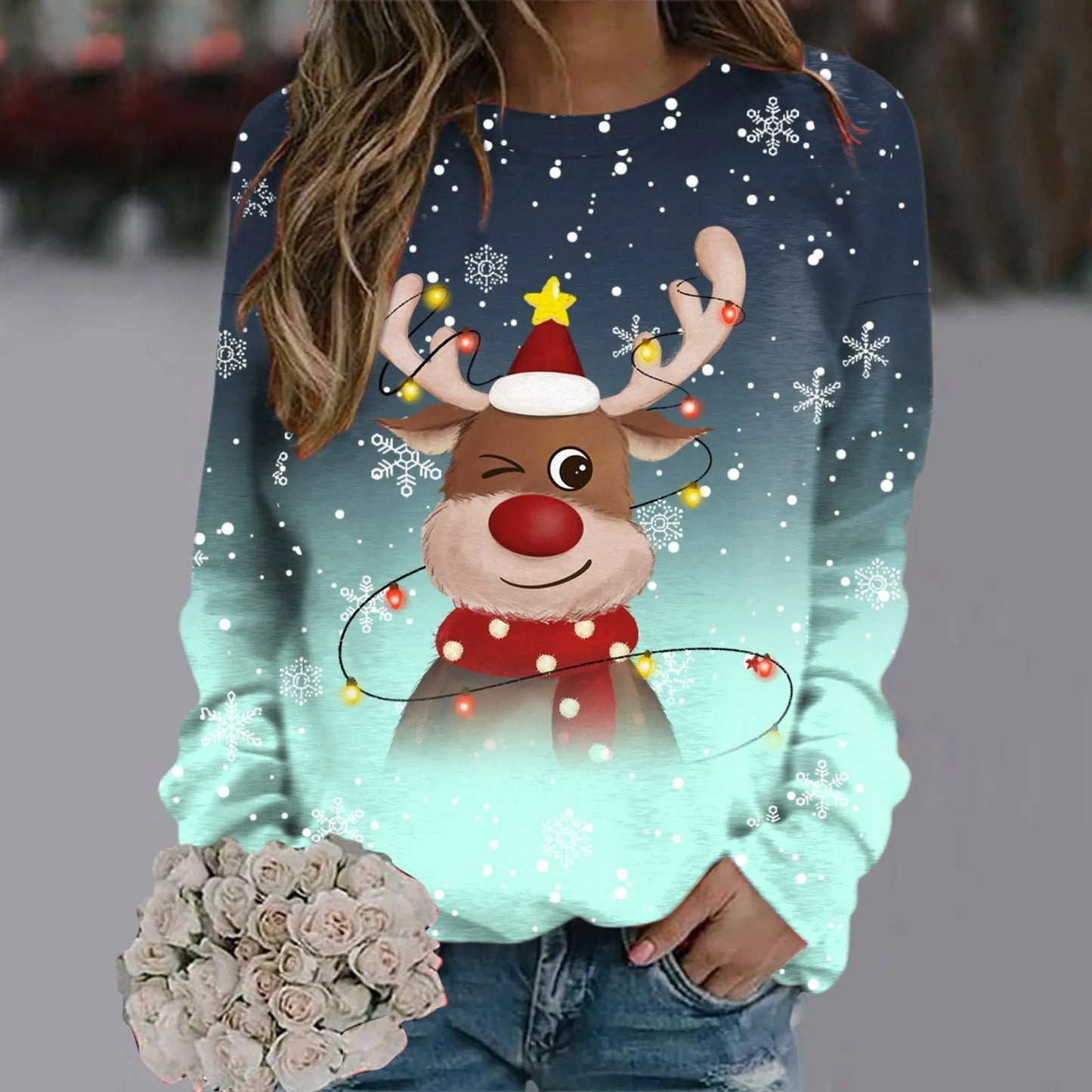 Damen Weihnachts-Pullover Weiches 3D-Rentier-Design Rot