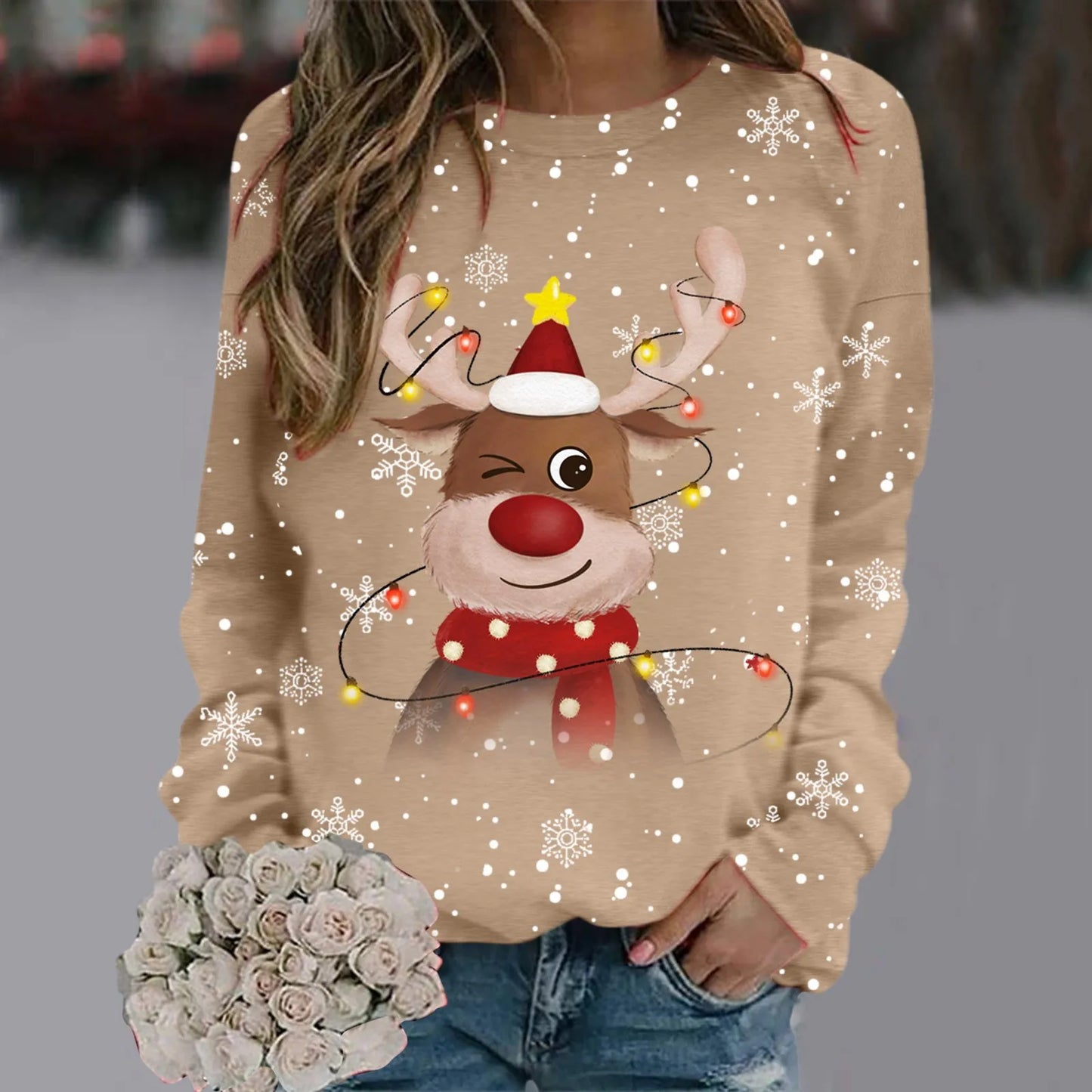 Damen Weihnachts-Pullover Weiches 3D-Rentier-Design Rot
