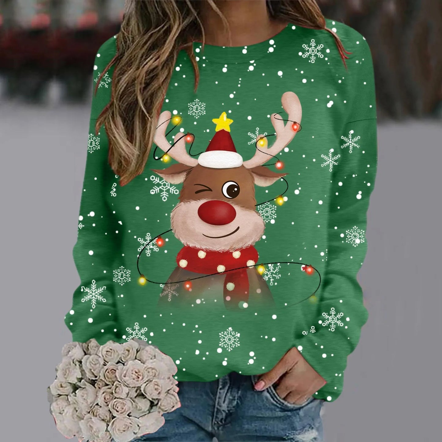 Damen Weihnachts-Pullover Weiches 3D-Rentier-Design Rot