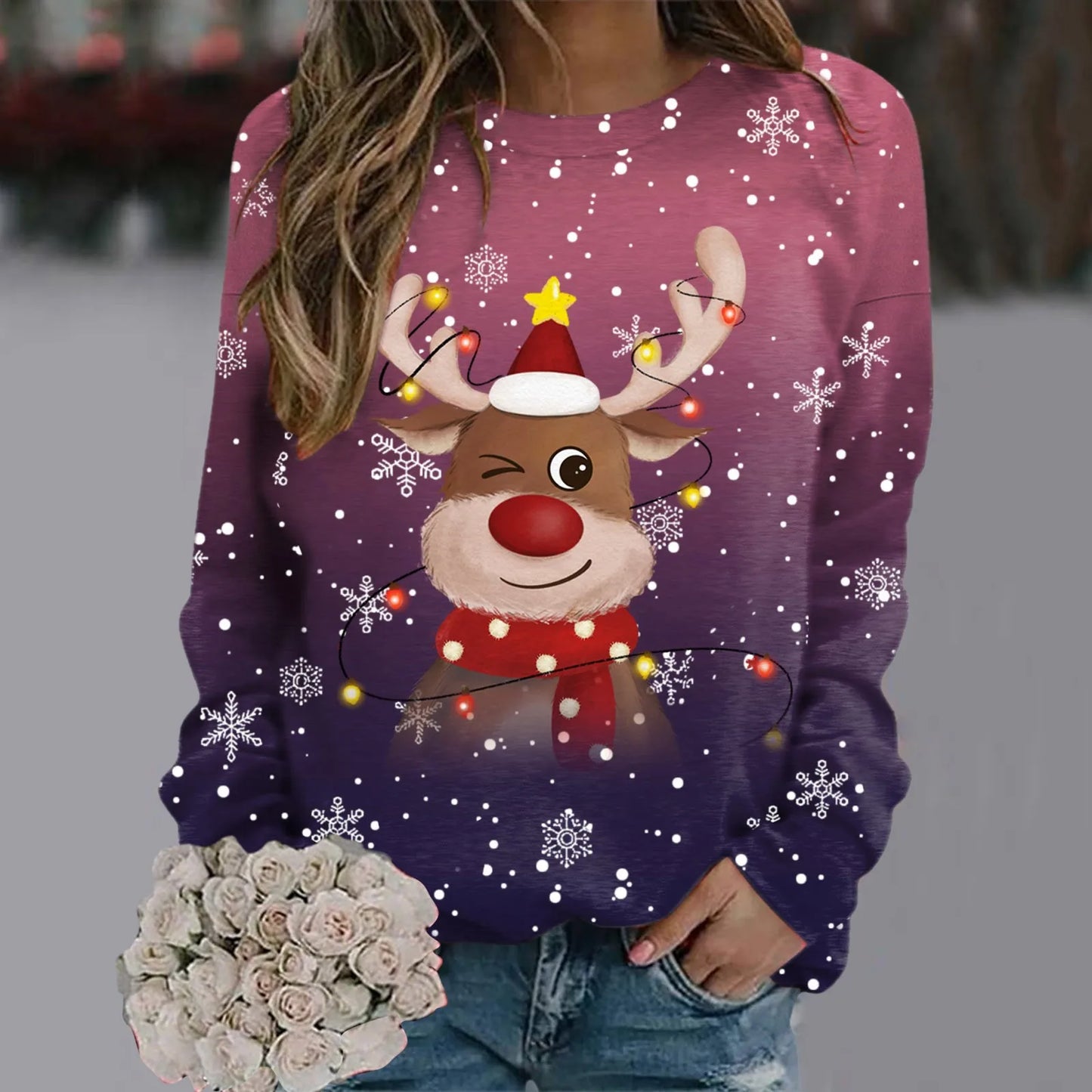Damen Weihnachts-Pullover Weiches 3D-Rentier-Design Rot