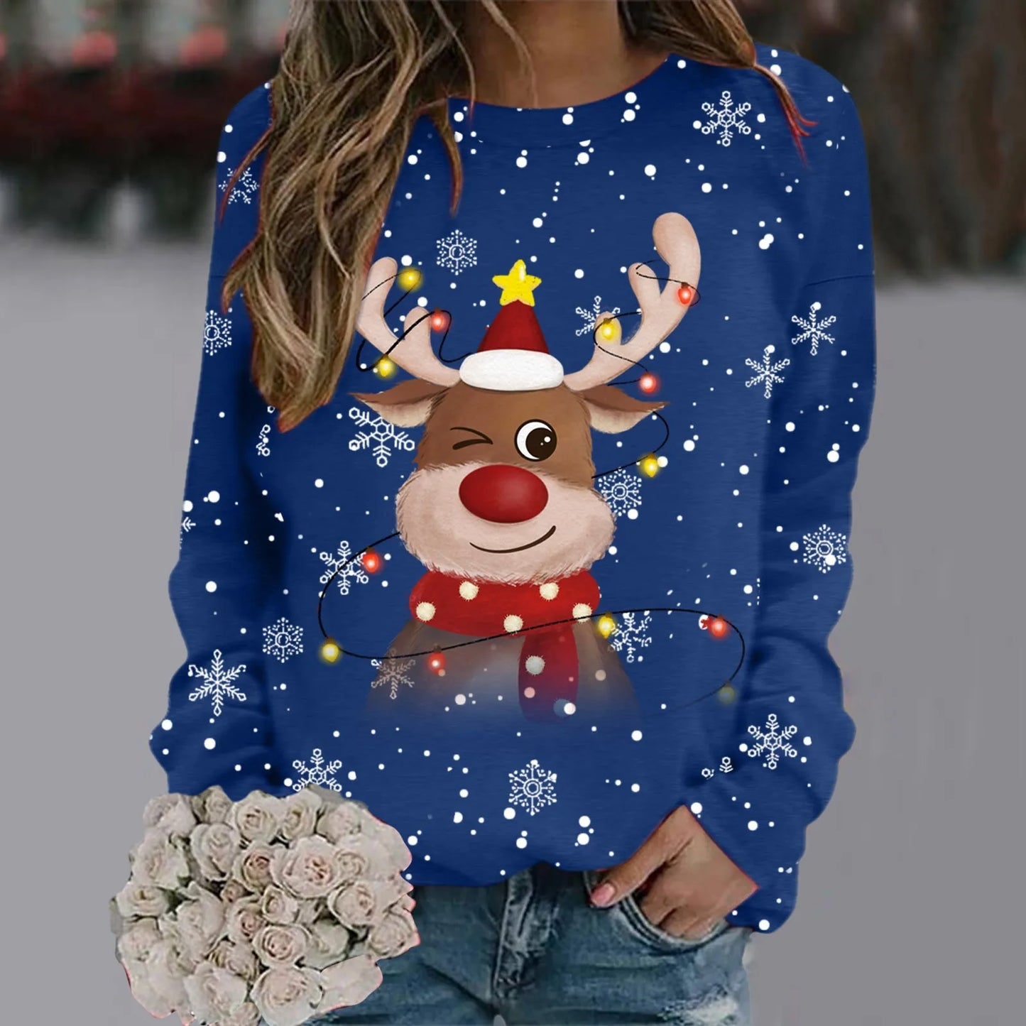 Damen Weihnachts-Pullover Weiches 3D-Rentier-Design Rot