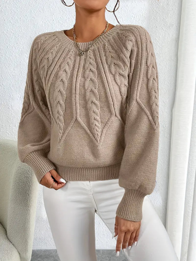 Damen Strickpullover Rundhals Elegantes Zopfmuster