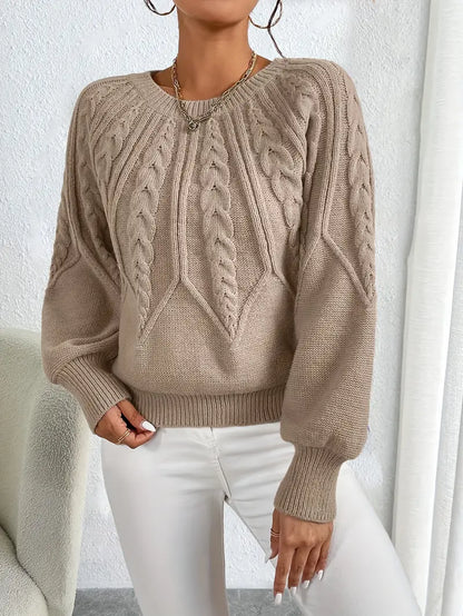 Damen Strickpullover Rundhals Elegantes Zopfmuster