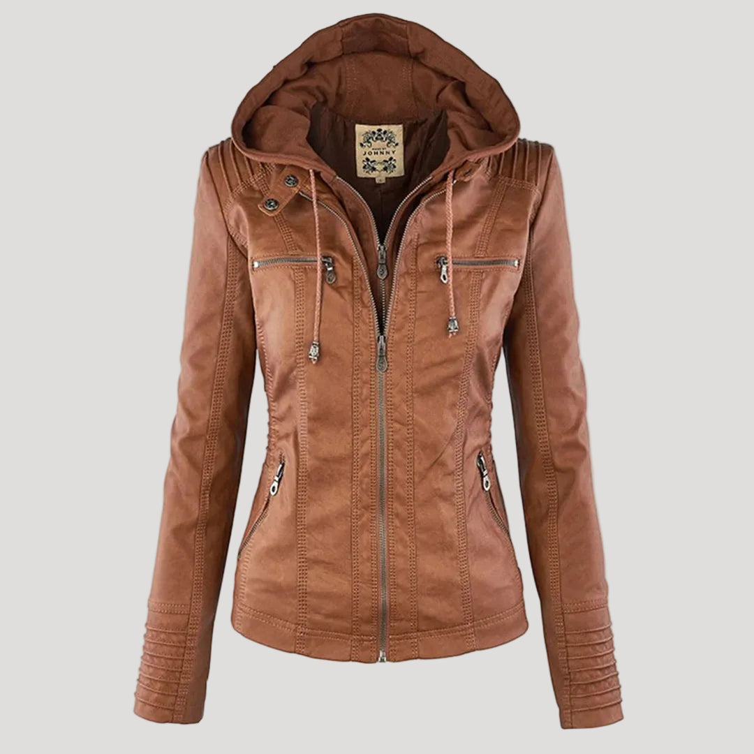 Damen Faux Lederjacke Wetterfest Kapuze