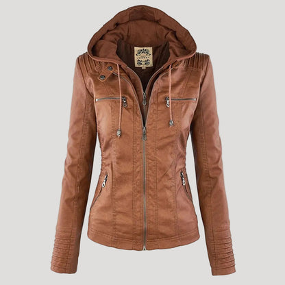 Damen Faux Lederjacke Wetterfest Kapuze