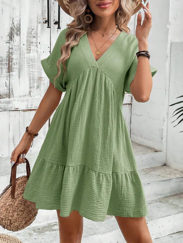 Damen Sommerkleid V-Ausschnitt Umschlagärmel Leicht Elegант - Norvielle