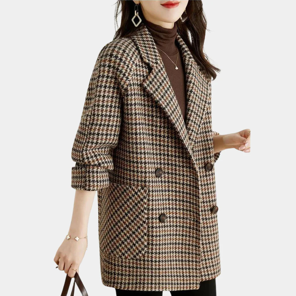 Norvielle Damen Wintermantel Doppelreihig Hahnentritt Muster