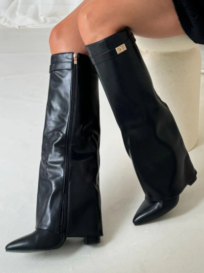 Kniehohe Stiefel – Damenstiefel aus Wildlederimitat mit spitzer Zehenpartie und Absatz-Chaps Herrenmode