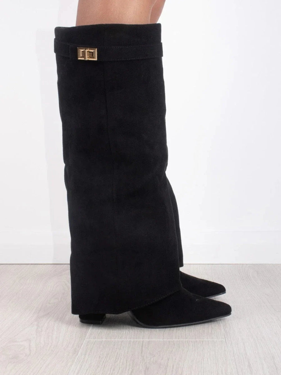 Kniehohe Stiefel – Damenstiefel aus Wildlederimitat mit spitzer Zehenpartie und Absatz-Chaps Herrenmode