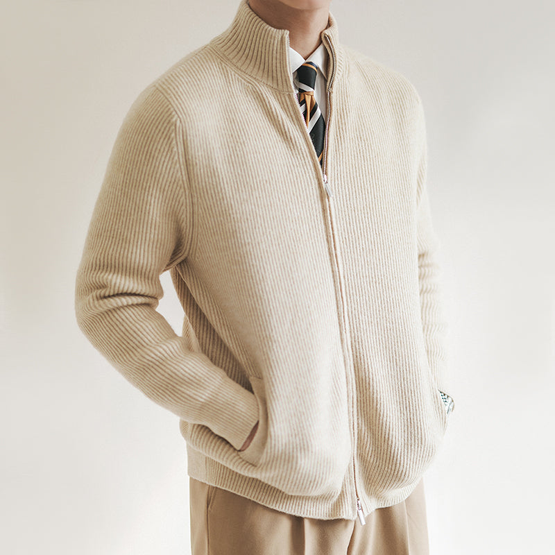 Herren Strickpullover Frühling Rippstruktur Reißverschluss Beige