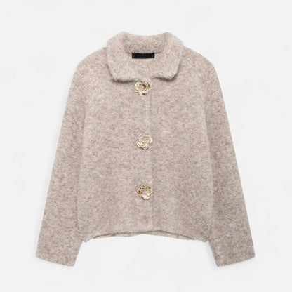 Damen Strickjacke Hüftlang Florale Knöpfe