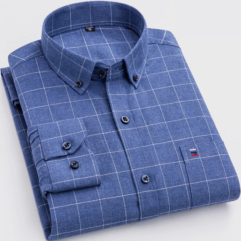 Knopfleiste-Hemd – Herrenhemd mit Kragen und langen Ärmeln mit Karomuster-Ozeanblau-XS-Chaps Herrenmode