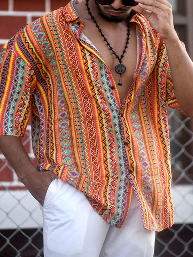 Knopfleiste Hemd - Kurzarm - Bedruckt - Sommerhemd - Herrenhemd-Orange-S-Chaps Herrenmode