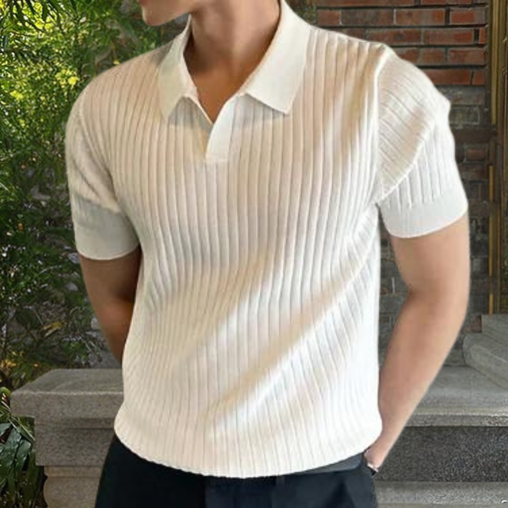 Herren Strick-Poloshirt Kurze Ärmel V-Ausschnitt Weiß - Norvielle