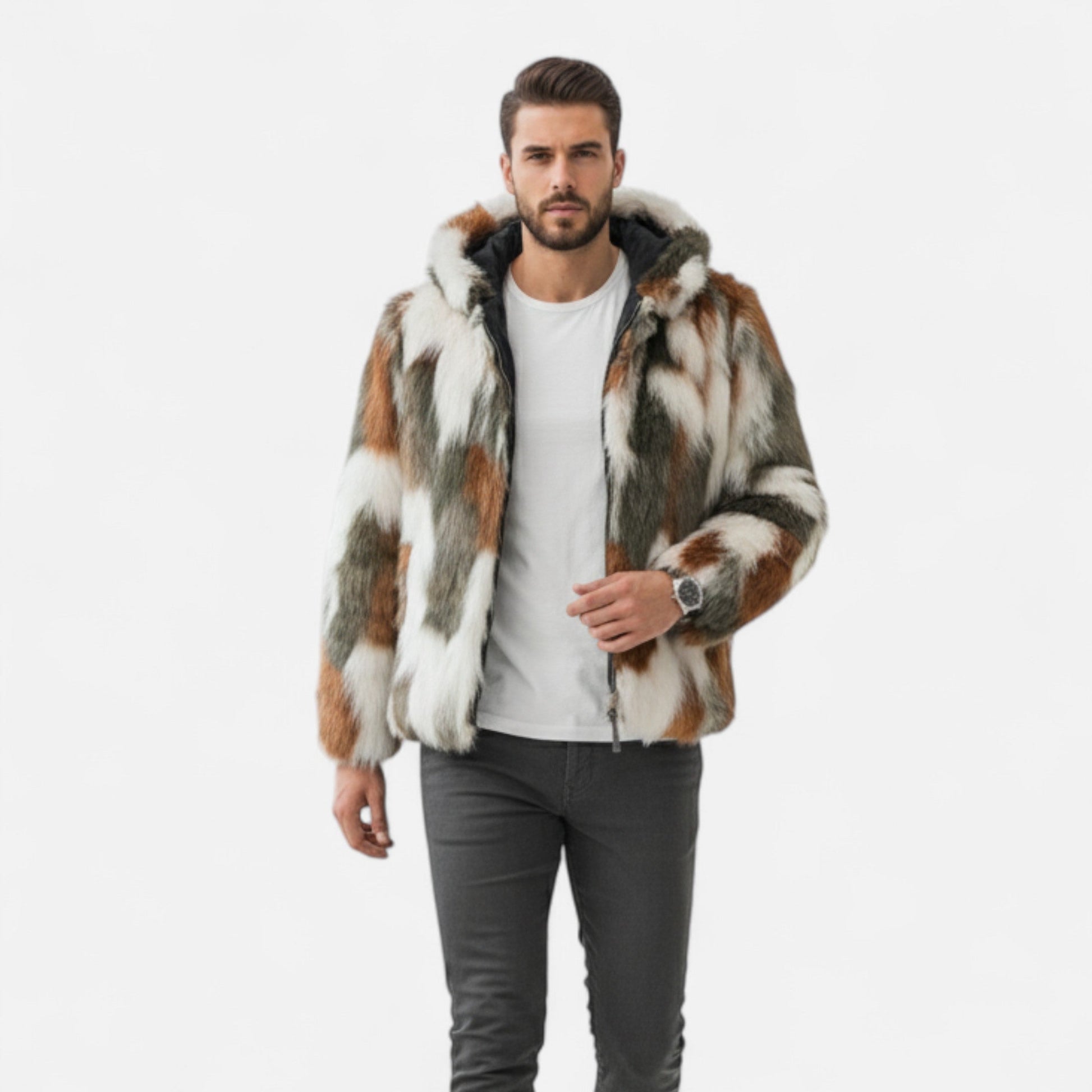 Herren Kunstfelljacke mit Kapuze Schwarz Winter - Norvielle