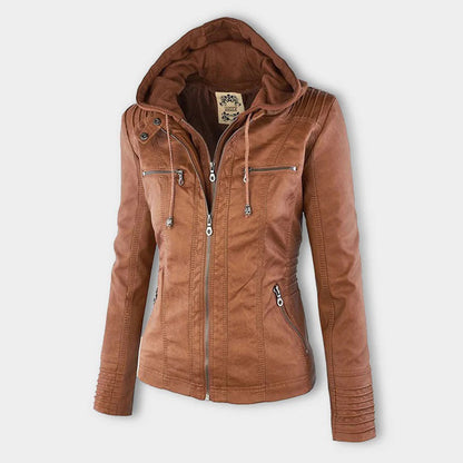 Damen Kunstlederjacke Tailliert Mit Kapuze - Norvielle