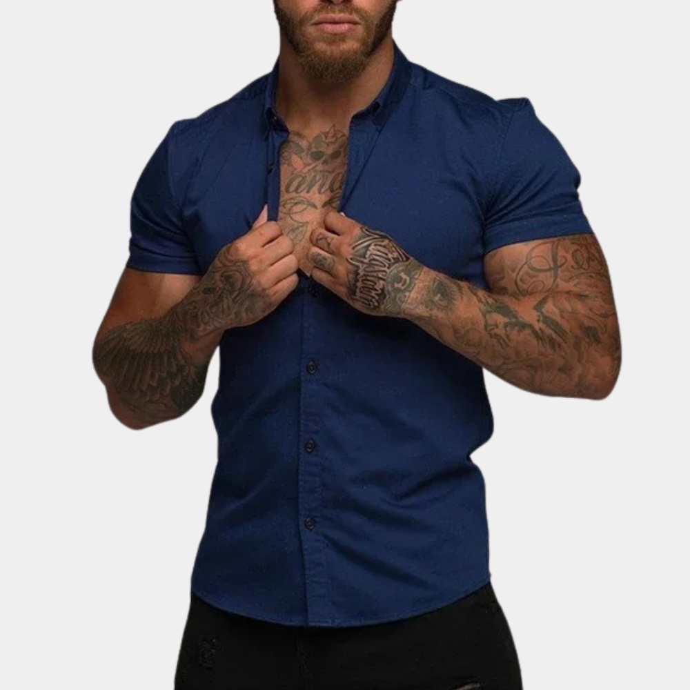 Kurzarmhemd - Kragen - Sommer - Hemd zum Knöpfen - Herrenhemd-Blau-M-Chaps Herrenmode