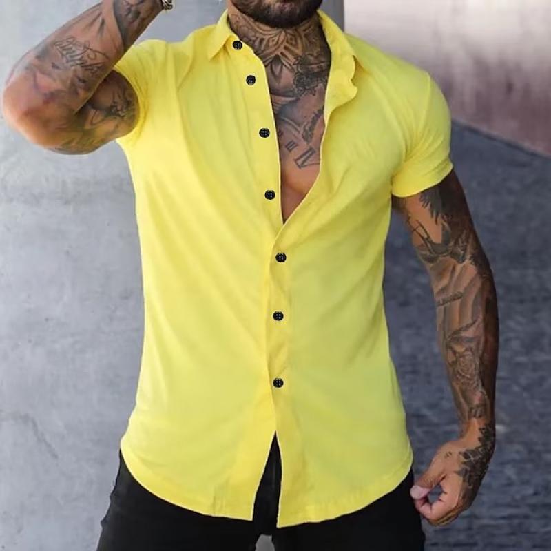 Kurzarmhemd | Modisch | Schmal geschnitten | Hemd mit Knöpfen | Herrenhemden-Gelb-M-Chaps Herrenmode