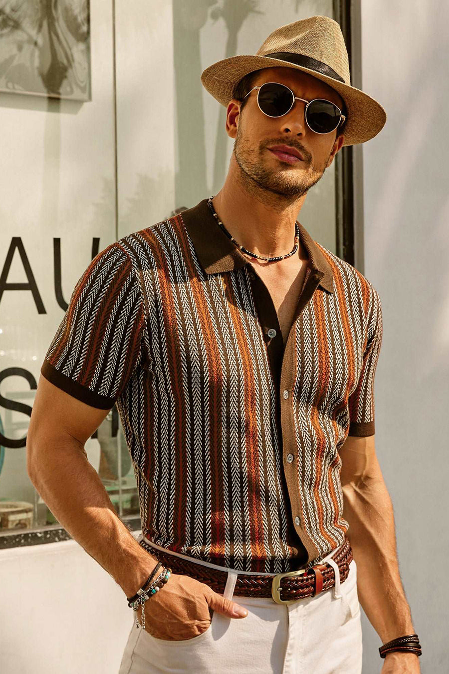 Herren Kurzarm-Kragenhemd Gestreift Vintage - Norvielle