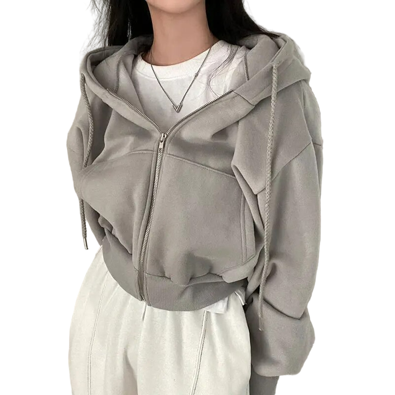 Damen Hoodie Kurz Reißverschluss Abgesenkte Schultern Schwarz - Norvielle